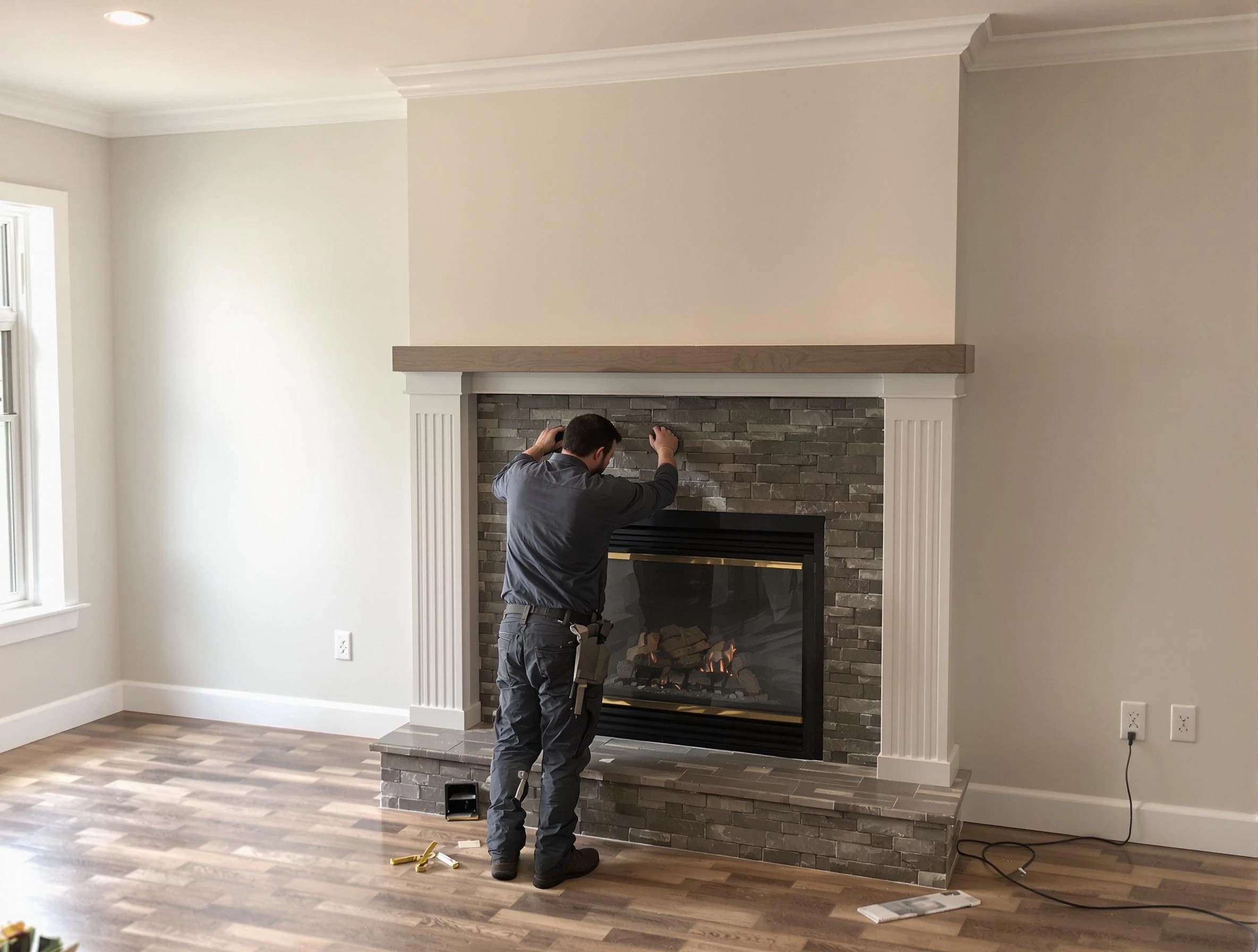 Oneonta Chimney Sweep finishing a custom fireplace install in Oneonta, AL