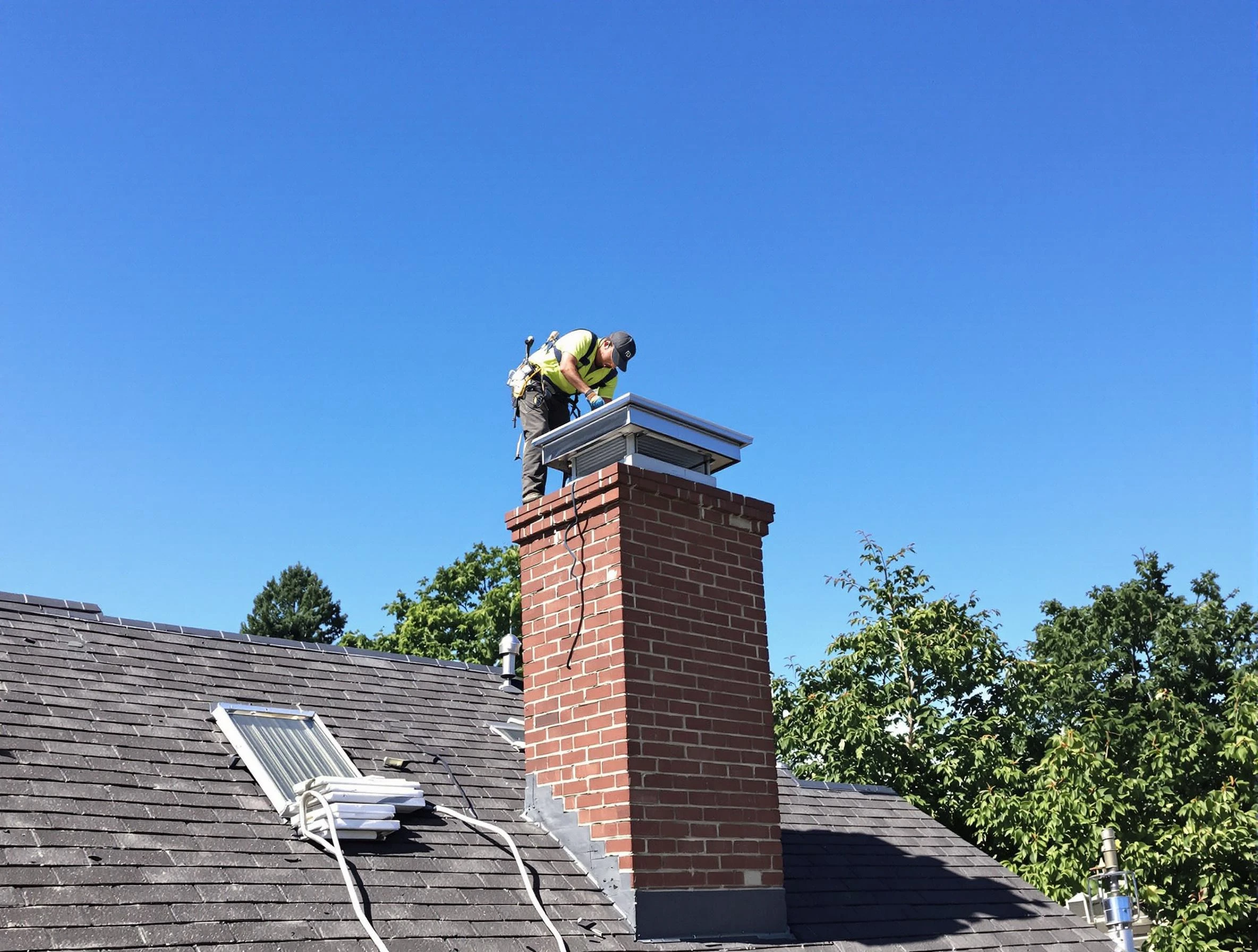Oneonta Chimney Sweep technician measuring a chimney cap in Oneonta, AL