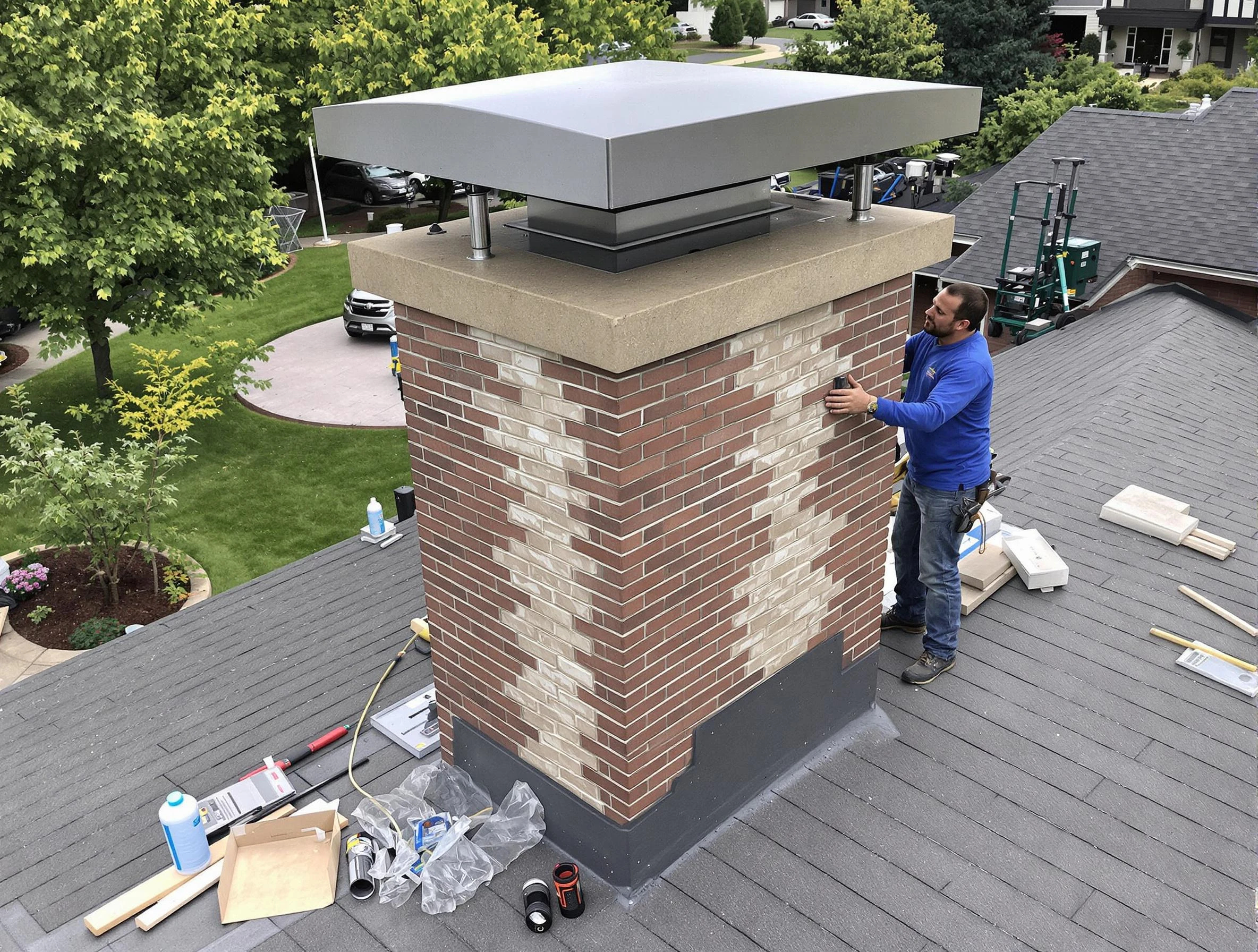 Oneonta Chimney Sweep team working on a custom chimney remodel in Oneonta, AL